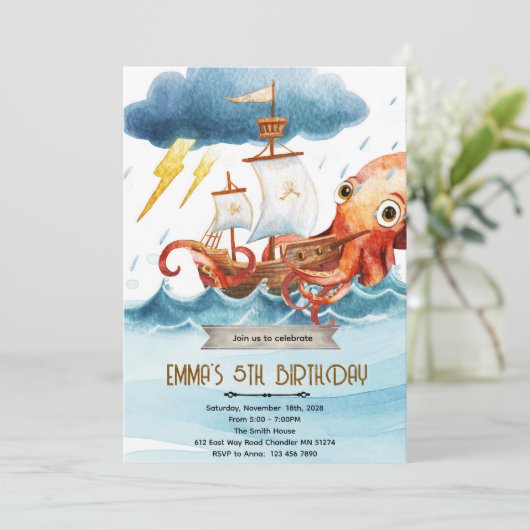 Kraken octopus theme invitation einladung (Stehend Vorderseite)