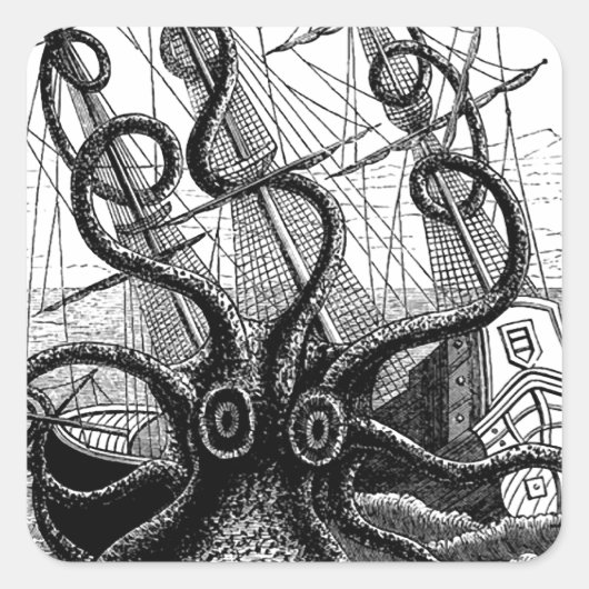 Kraken/Oktopus, die ein Piratenschiff essen, schwa Quadratischer Aufkleber (Vorderseite)