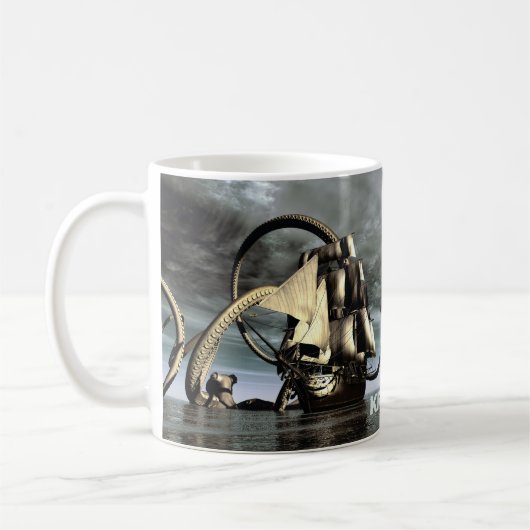 Kraken. Riesenktopus, der ein Piratenschiff absetz Kaffeetasse (Links)