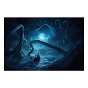 Kraken Sea Monster Fishing Boat Nautic Poster