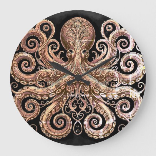 Kraken Steampunk Octopus Verziert Gold Black Große Wanduhr (Vorderseite)