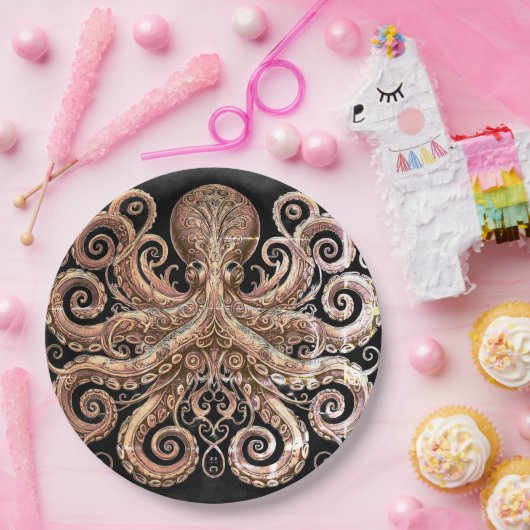 Kraken Steampunk Octopus Verziert Gold Black Pappteller (Party)