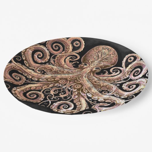 Kraken Steampunk Octopus Verziert Gold Black Pappteller (Schrägansicht)