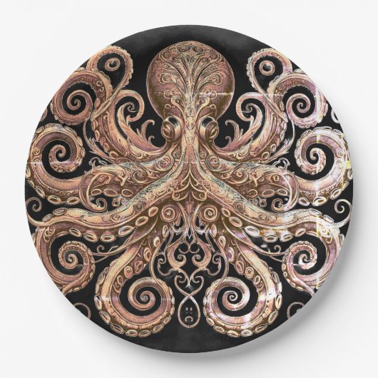 Kraken Steampunk Octopus Verziert Gold Black Pappteller (Vorderseite)