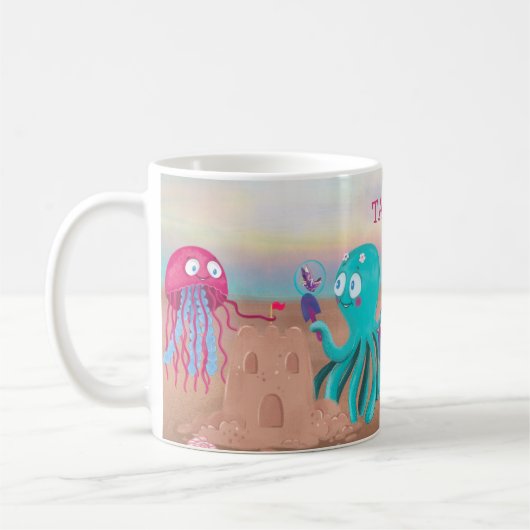 Kraken- und Quallenfisch-Cartoon Kaffeetasse (Links)