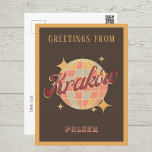 Kraków Krakau Stadt Polen Retro Vintage Postkarte<br><div class="desc">Krakau Krakau Stadt,  Polen,  Retro Vintag Design mit einer Diskothek in hellbraunen,  rosa und hellblauen Tönen. Diese schöne Postkarte ist eine perfekte Grußkarte für Krakauer Stadtbewohner,  Besucher,  Touristen oder Fans.</div>
