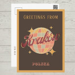 Kraków Krakau Stadt Polen Retro Vintage Postkarte<br><div class="desc">Krakau Krakau Stadt,  Polen,  Retro Vintag Design mit einer Diskothek in hellbraunen,  rosa und hellblauen Tönen. Diese schöne Postkarte ist eine perfekte Grußkarte für Krakauer Stadtbewohner,  Besucher,  Touristen oder Fans.</div>
