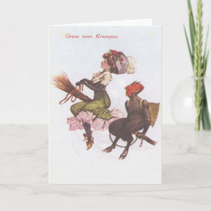 Krampus auf Besen mit Frau Feiertagskarte