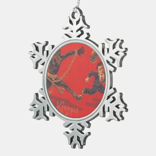 Krampus Chasing Boy Schneeflocken Zinn-Ornament (Rechts)