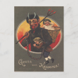 Krampus entführt Junge und Mädchen Postkarte