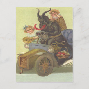 Krampus entführt kleine Mädchen im Auto Postkarte