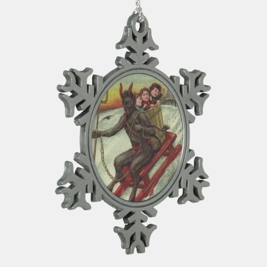 Krampus Entführung von Kindern auf Schlitten Schneeflocken Zinn-Ornament (Links)
