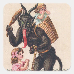 Krampus erschreckt Mädchen Vintage-Feiertag Weihna Quadratischer Aufkleber