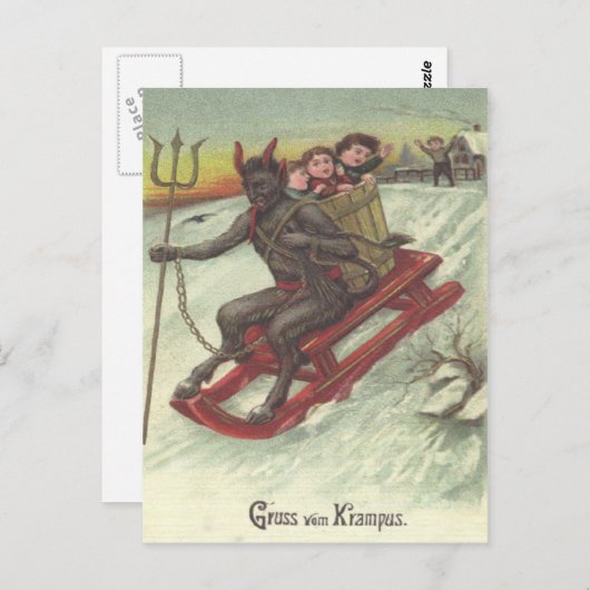 Krampus Kidnapping Kinder auf Schlitten Postkarte (Vorne/Hinten)