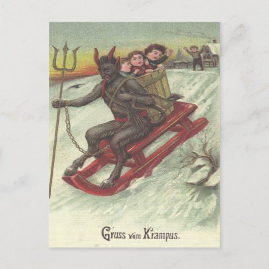 Krampus Kidnapping Kinder auf Schlitten Postkarte (Vorderseite)