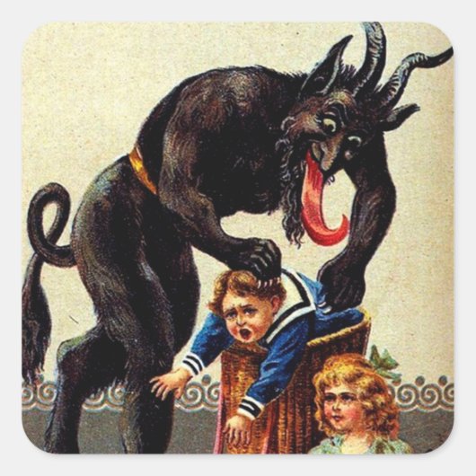 Krampus Kinder im Korb Weihnachtsaufkleber Quadratischer Aufkleber (Vorderseite)