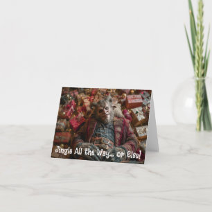 Krampus liegt zwischen Weihnachtsgeschenkestapeln Feiertagskarte