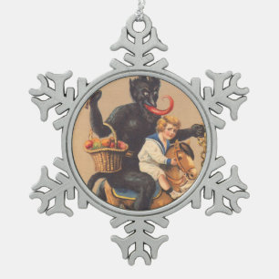 Krampus Reiten Hobbypferd mit Junge Schneeflocken Zinn-Ornament