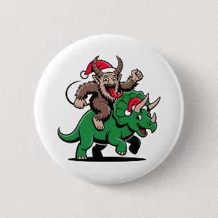 Krampus reitet auf einem Dinosaurier-Santa-Weihnac Button