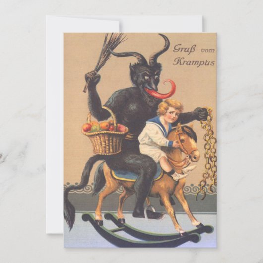 Krampus reitet auf einem Steckenpferd mit einem Ju (Vorderseite)
