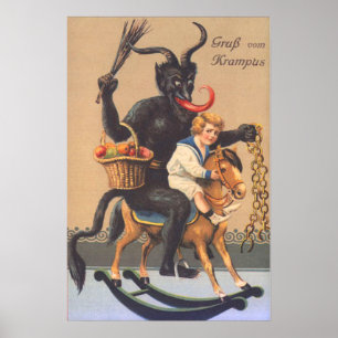 Krampus reitet auf einem Steckenpferd mit einem Ju Poster