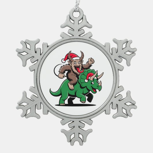 Krampus Riding A Dinosaurier Weihnachtsbäcker Schneeflocken Zinn-Ornament (Vorderseite)
