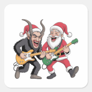 Krampus und Santa Playing Gitarre Electric Xmas Quadratischer Aufkleber