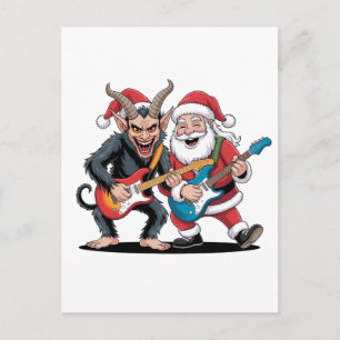Krampus und Santa spielen elektrische Gitarre Weih Ankündigungspostkarte