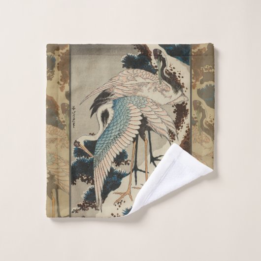 Krane auf einer schneebedeckten Pine Hokusai Badhandtuch Set (Waschlappen)