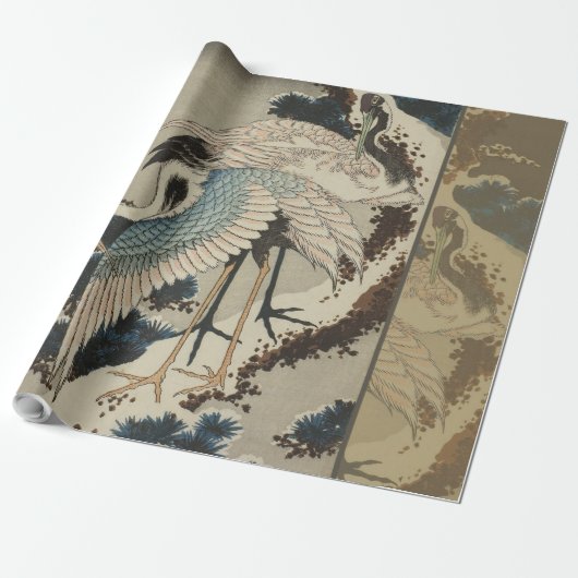 Krane auf einer schneebedeckten Pine Hokusai Geschenkpapier (Ungerollt)