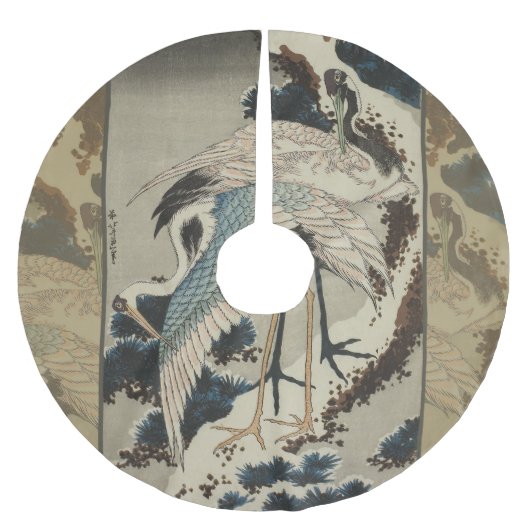 Krane auf einer schneebedeckten Pine Hokusai Polyester Weihnachtsbaumdecke (Vorderseite)