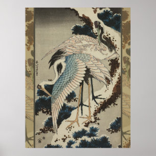Krane auf einer schneebedeckten Pine Hokusai Poster