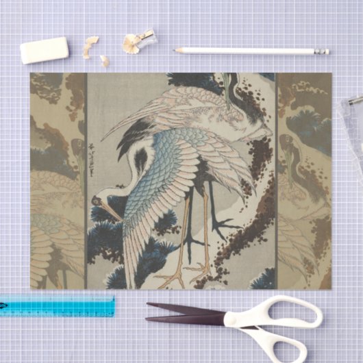 Krane auf einer schneebedeckten Pine Hokusai Seidenpapier (Handwerk)