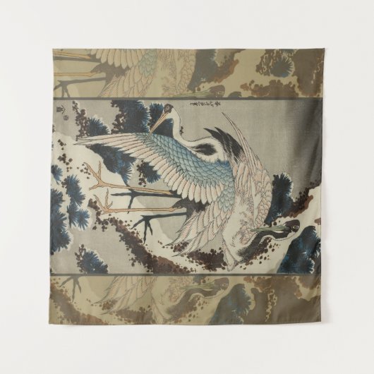 Krane auf einer schneebedeckten Pine Hokusai Wandteppich (Vorderseite (Horizontal))