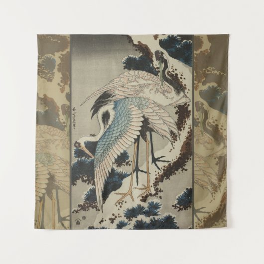 Krane auf einer schneebedeckten Pine Hokusai Wandteppich (Vorderseite)