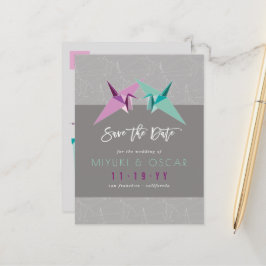 Krane aus lila und grünem Origami Save the Date Ankündigungspostkarte