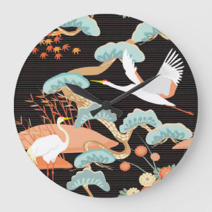 Krane, Helden: Japanisches Vogelmuster. Große Wanduhr