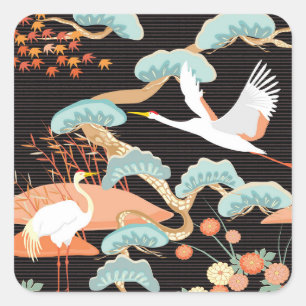 Krane, Helden: Japanisches Vogelmuster. Quadratischer Aufkleber