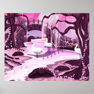 Krane im koreanischen Garten Poster