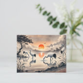 Krane in der Marsche bei Sunset Chinese Ink Painti Postkarte (Stehend Vorderseite)