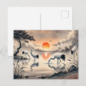 Krane in der Marsche bei Sunset Chinese Ink Painti Postkarte (Vorne/Hinten)