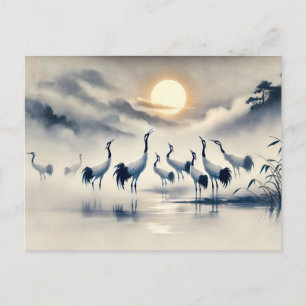 Krane in der Marsche bei Sunset Chinese Ink Painti Postkarte
