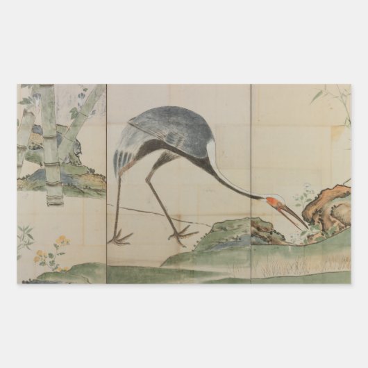 Krane, Kiefern und Bambus Rechteckiger Aufkleber (Vorderseite)