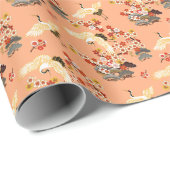 Krane, Sakura, farbenfroh, blumenreich, Kantalupe. Geschenkpapier (Rolleneckpunkt)