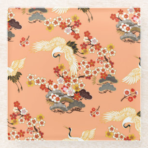 Krane, Sakura, farbenfroh, blumenreich, Kantalupe. Glasuntersetzer
