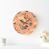 Krane, Sakura, farbenfroh, blumenreich, Kantalupe. Große Wanduhr (Zuhause)