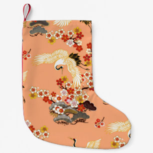 Krane, Sakura, farbenfroh, blumenreich, Kantalupe. Kleiner Weihnachtsstrumpf