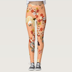 Krane, Sakura, farbenfroh, blumenreich, Kantalupe. Leggings