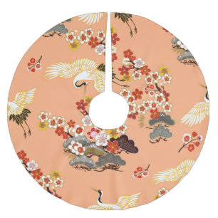 Krane, Sakura, farbenfroh, blumenreich, Kantalupe. Polyester Weihnachtsbaumdecke