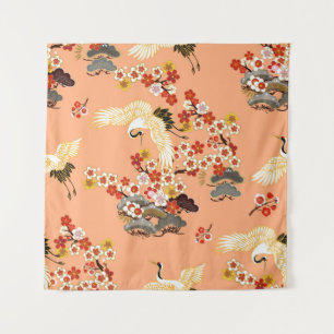 Krane, Sakura, farbenfroh, blumenreich, Kantalupe. Wandteppich